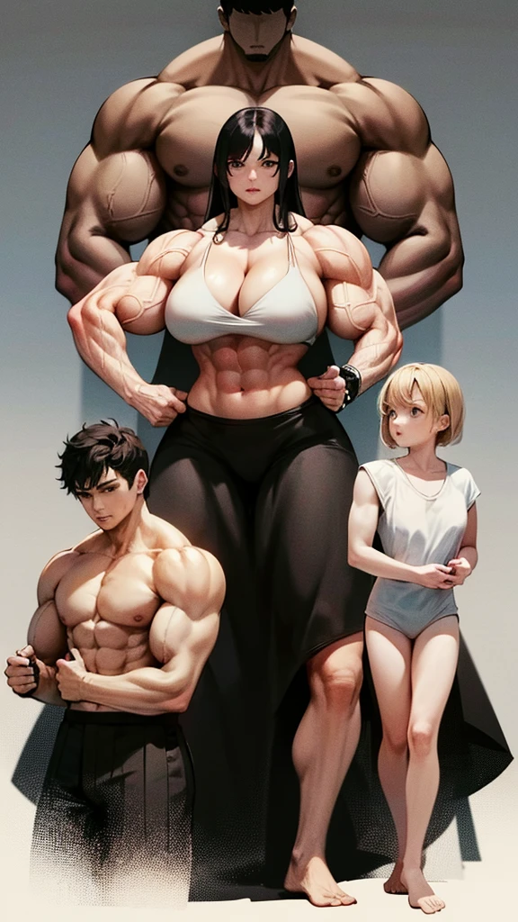 Woman in black bikini and small man in white shirt, weak and small man, thin and small physique, Very beauthful. , ,weak and defenseless man, small physique, , muscular ultraviolent woman, muscular and scary, absurdly huge physique, big muscles, extremely muscular woman, woman stepping on man, small man being stepped on by woman,