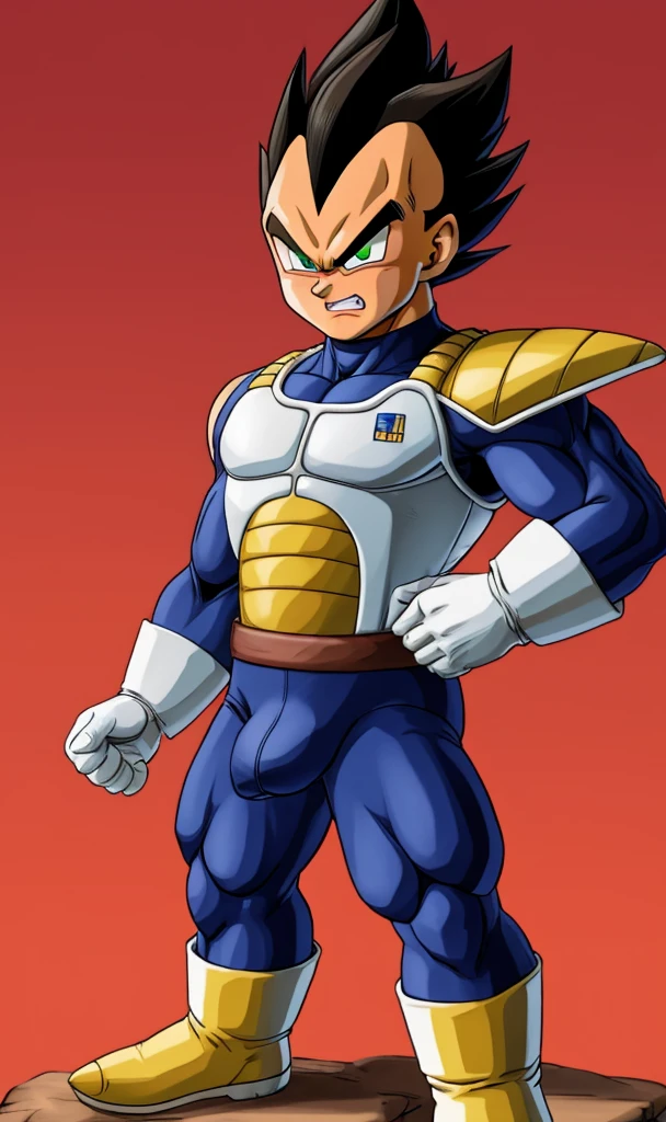 vegeta , (masterpiece, best quality:1.2) perfecteyes eyes, green eyes, solo, male focus, 1boy, angry, Black spiked hair, micro armor , white gloves , full body , boots , massive bulge