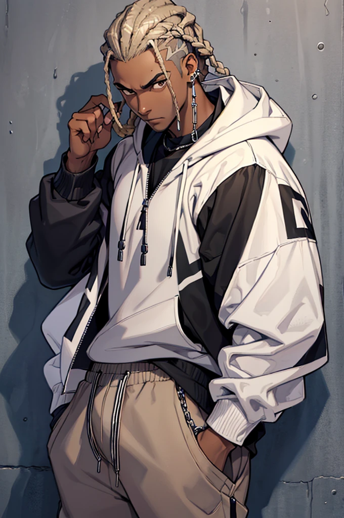 Darkskin male with cornrows, brown eyes wearing a black shirt with a silver chain, an unzipped white hoodie with blue stripes, diamond ear pierecings, grey sweatpants, neutral expression