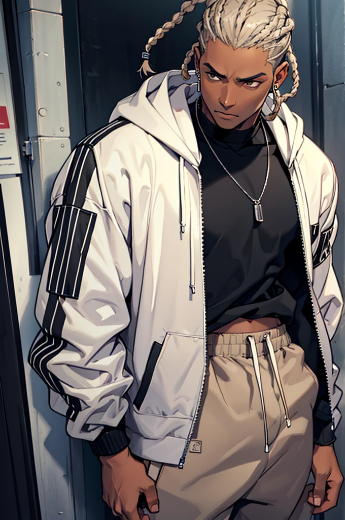 Darkskin male with cornrows, brown eyes wearing a black shirt with a silver chain, an unzipped white hoodie with blue stripes, diamond ear pierecings, grey sweatpants, neutral expression