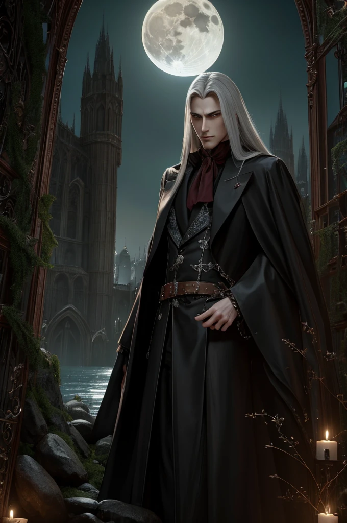 a vampire His physical features should be similar to those of Alucard from Castlevania: Symphony of the Night. It should have an elegant and mysterious appearance, with long silver hair, piercing eyes and sharp facial features. Wear dark and gothic style clothes. Your presence must be imposing and noble, reflecting his aristocratic origin and supernatural power, emerging from a lake with the full moon in the background