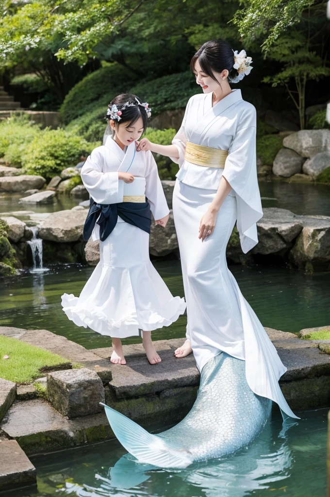 ,White people,kimono,Mermaid Skirt,Fluttering,Frills,4 people,luxury,whole body,2 children,family,Blonde,Side by side,
