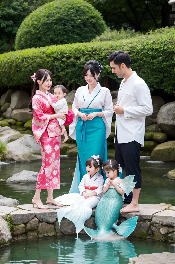 ,White people,kimono,Mermaid Skirt,Fluttering,Frills,4 people,luxury,whole body,2 children,family,Blonde,Side by side,2 children,front,
