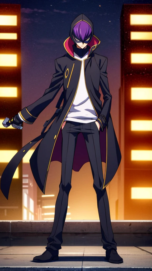 Male, teenager, vigilante, wearing dark clothes, a coat, and a mask, athletic build, hands in pockets, standing at attention, nighttime setting, lone figure, facing viewer, fully in frame, full body shot, Code Geass style, codeGeass, CODEGEASS