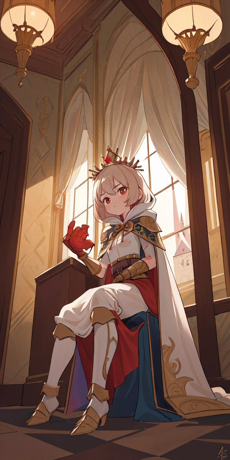 (masterpiece, best quality, absurdness, 4k, aesthetic, detailed, intricate, perfect lighting) cinematic angle, 1sologirl, sitting on throne, elbow rest, castle interior, mask, hood, cape, belt, armor, cloak, red gloves gauntlets, bkcrown