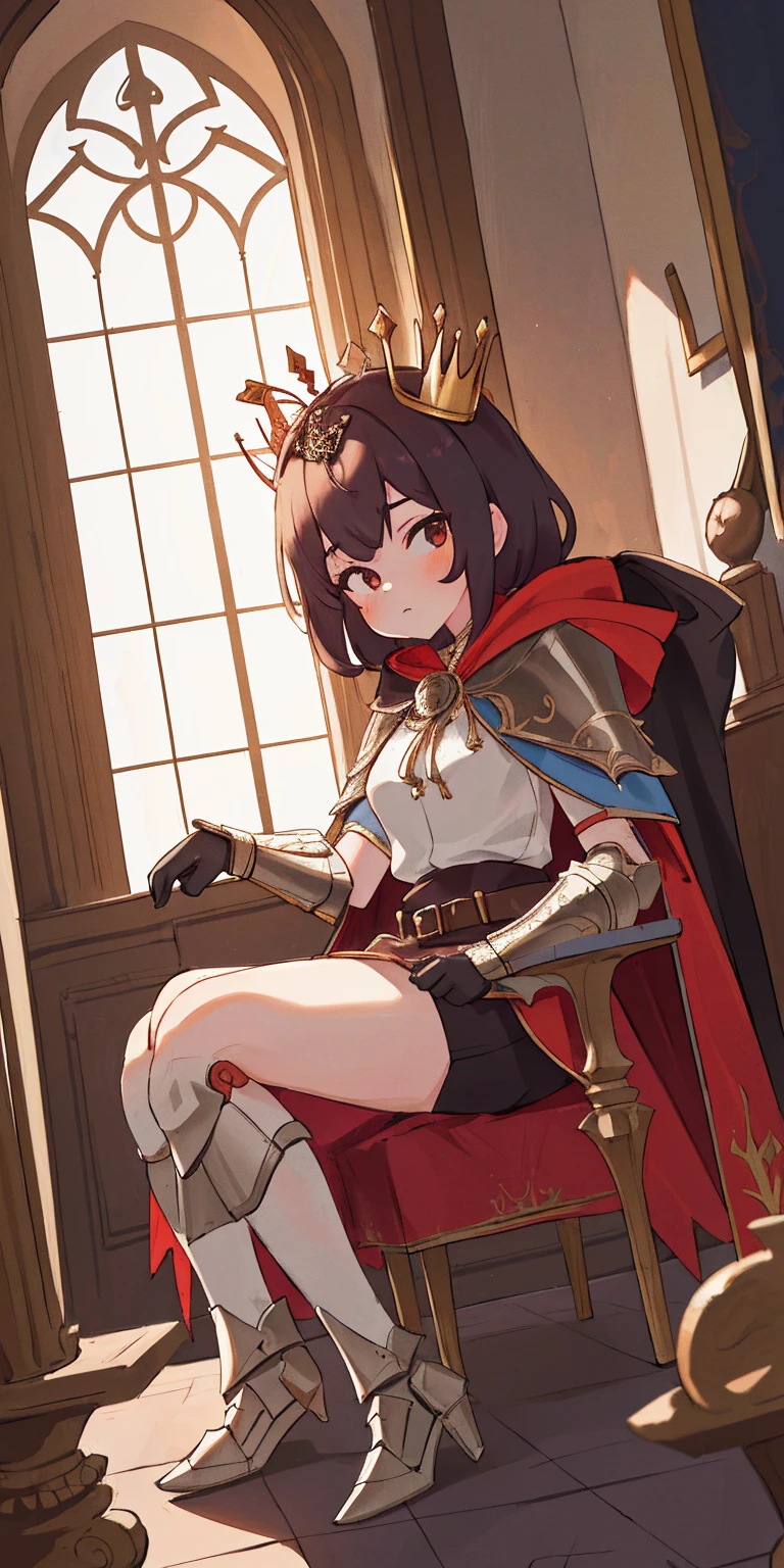 (masterpiece, best quality, absurdness, 4k, aesthetic, detailed, intricate, perfect lighting) cinematic angle, 1sologirl, sitting on throne, elbow rest, castle interior, mask, hood, cape, belt, armor, cloak, red gloves gauntlets, bkcrown