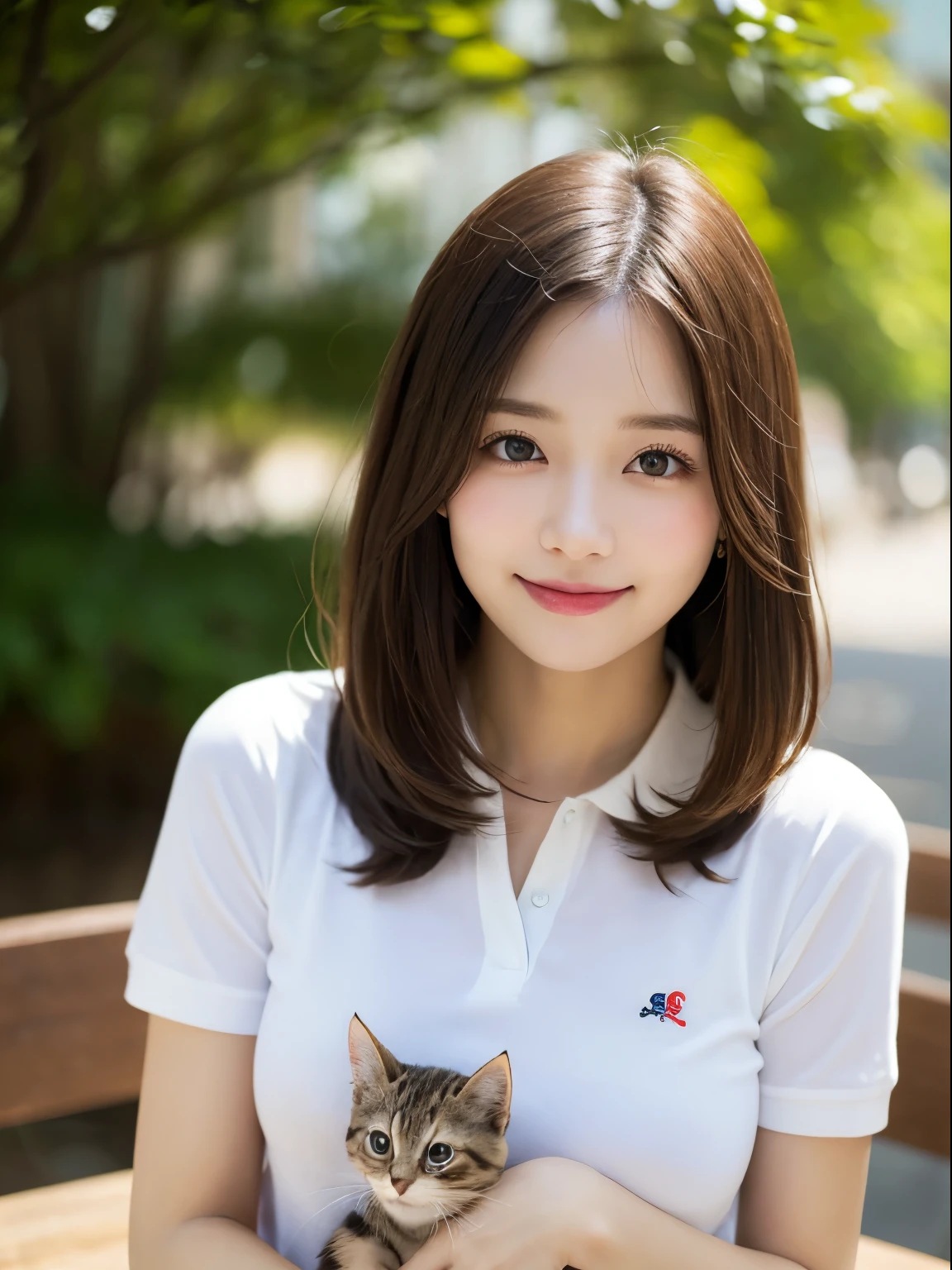 On the table, Highest quality, realism, Fine details, High resolution, 8k wallpaper, Perfect dynamic composition, Beautiful and delicate eyes, Medium Straight Hair, Casual and sexy pose,Random Situation、Holding a kitten、Wearing a polo shirt、(Beautiful breasts overflowing 1.3)、Bright smile、Bokeh、nature、Age 25、(Droopy Eyes 1.3)、Adult Beauty、Japanese