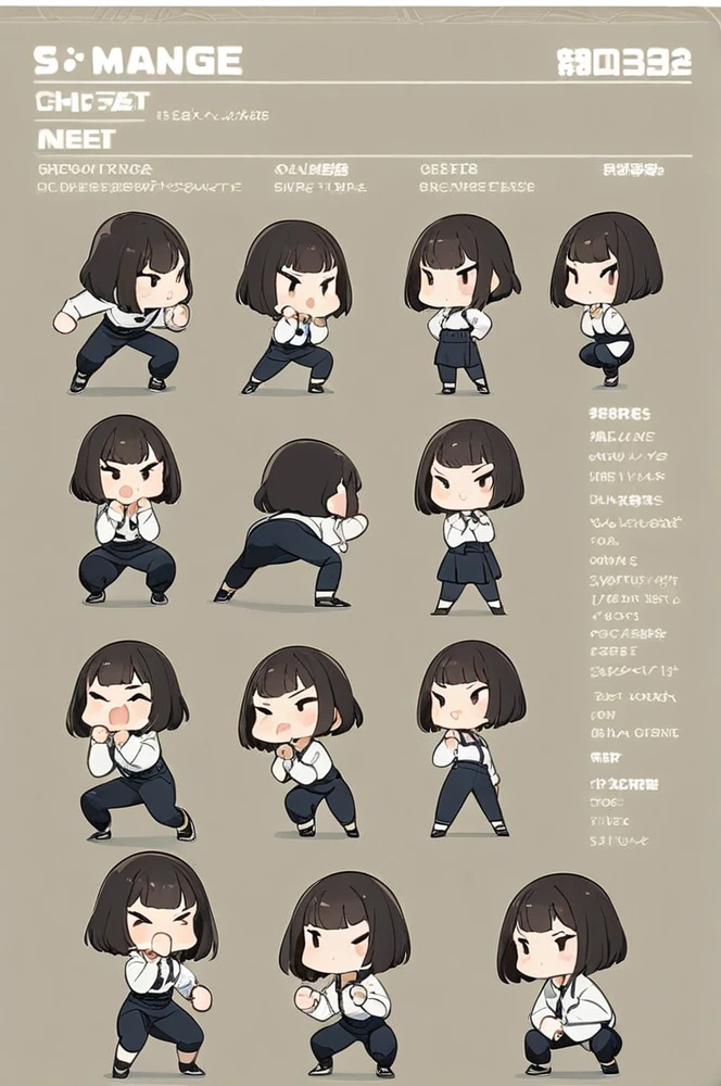 Character sheet, white background, chibi, female, short hair, simple clothes, squat pose, squat fighting pose, cartoon style, high quality, high resolution
