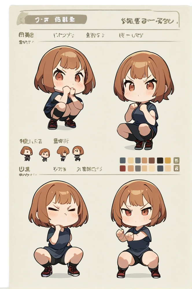 Character sheet, white background, chibi, female, short hair, simple clothes, squat pose, squat fighting pose, cartoon style, high quality, high resolution
