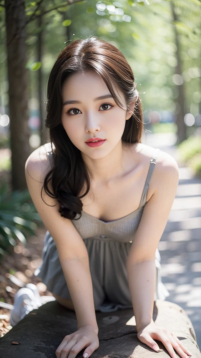 masterpiece, best quality, Surreal, Ultra Detailed, 8k resolution, RAW photos, Clear focus, (A girl in the forest), ((Light grey straight dress:1.1)),  sports Shorts,Full body posture, Solitary, Perfect body,Bangs to eyebrows、Beautiful brown hair、Beautiful and delicate eyes、Brown eyes、Raise an eyebrow、High Nose、Small nostril、Little mouth、Tempting lips、Mouth slightly open、Beautiful breasts、Full body、Oval face, Both eyes, Both eyes皮, Long eyebrows, Long eyelashes, A faint smile,  Chest 32 inches,The face is good, Perfect proportion、Perfect Anatomy、Perfect composition、Beautiful and detailed shadows、beautiful natural light、beautiful detailed glow、Depth of Field，32 inches in the chest,(a charming smile:1), (sexy pose)，26 years old,Stand up，full-body shot， light,White shoes