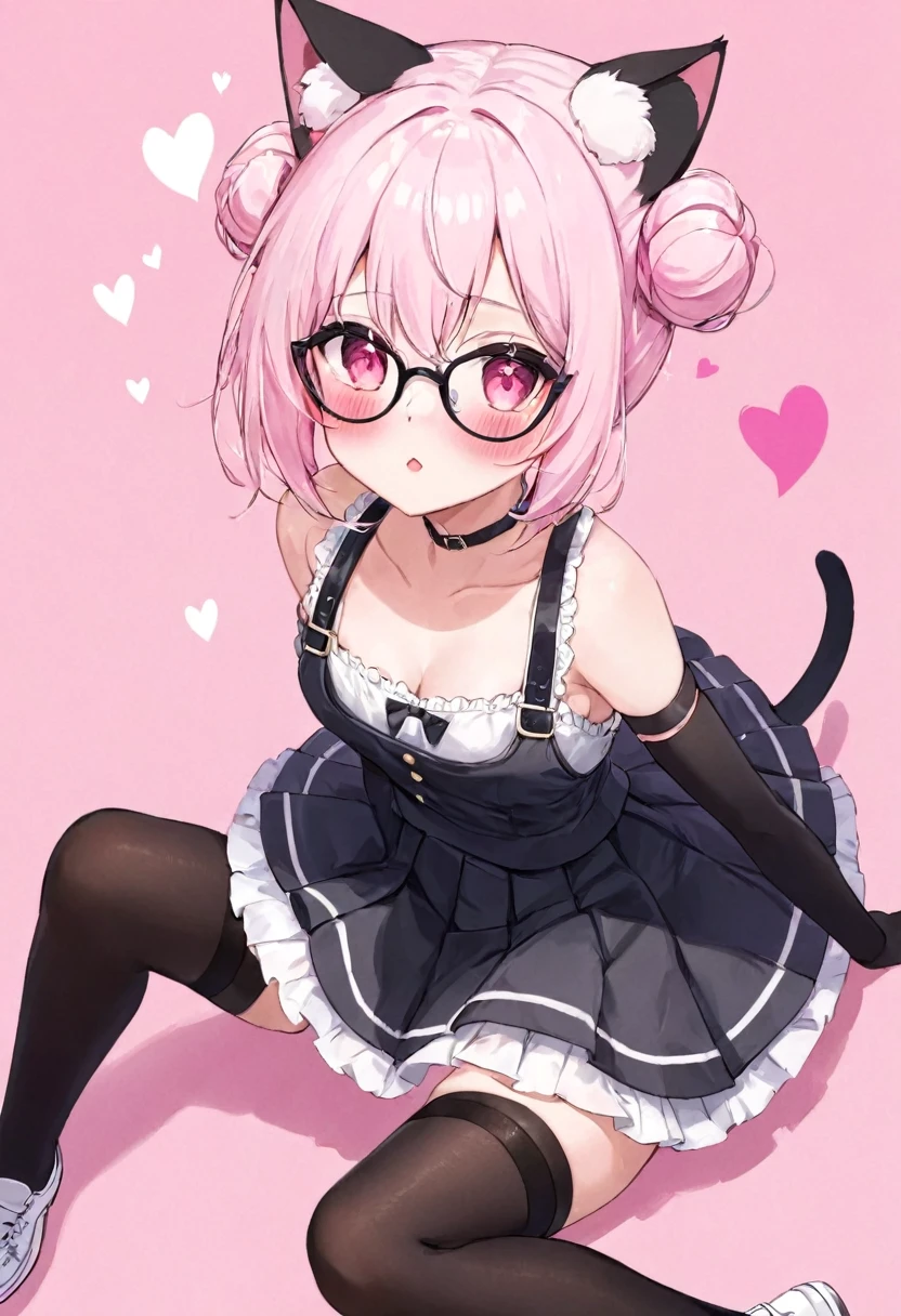 I have white pink hair, cat ears, a bun, my face is super blushing, black glasses, pink heart eyes, a Brazil, a skirt that has black straps, black stockings, white shoes, a cat's tail, a very girl Shy