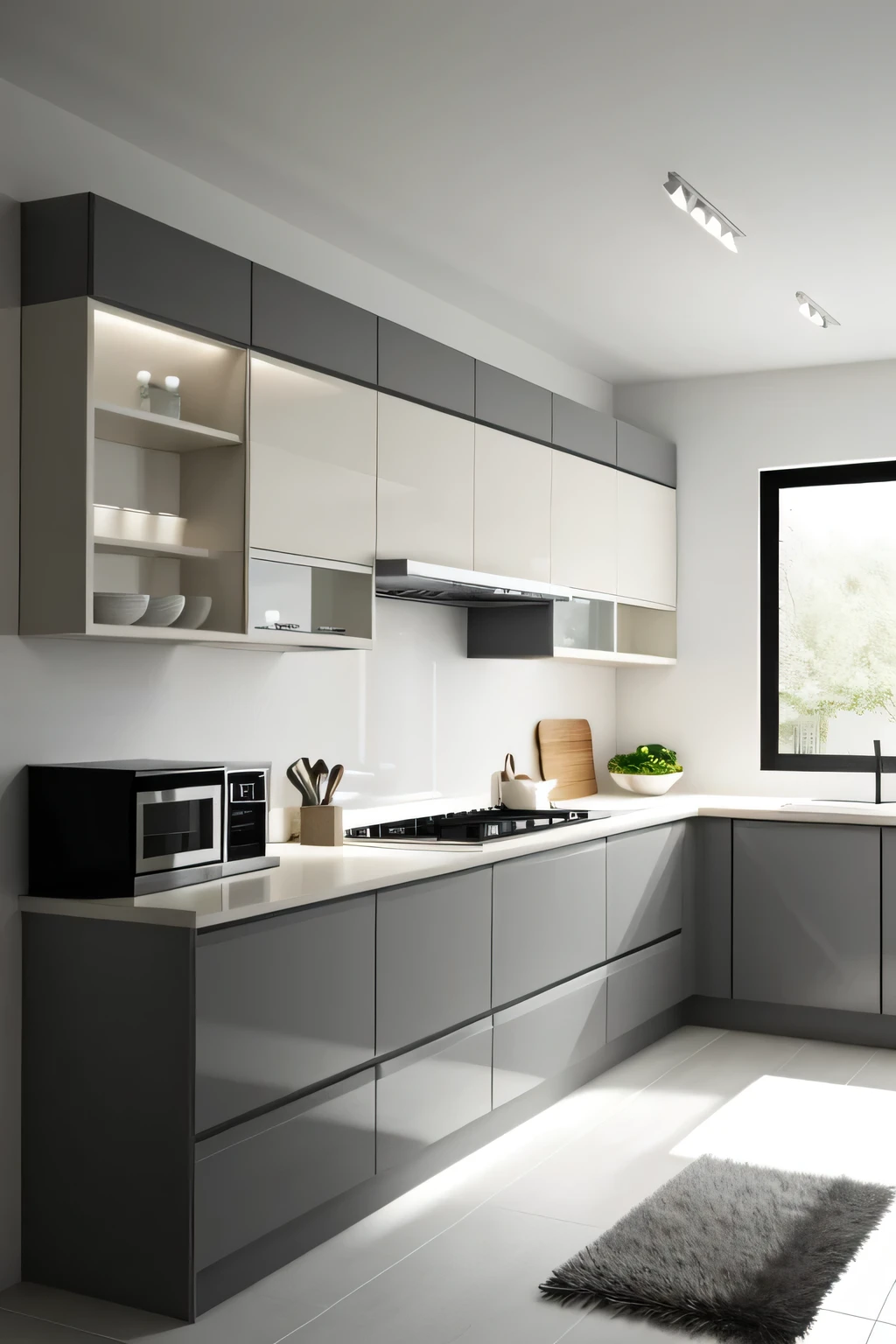 Professional 3d architecture rendering design of modern and minimal kitchen with  light mink gray  color and thunder gray   color and light cream color  and black color 