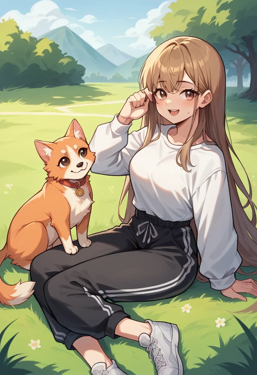 drawing of a girl with long brown hair, light brown eyes, with a smiling expression on her face, wearing a white shirt and a black sweatpants, sitting on the grass floor in her legs, she has an orange cat and the girl He is petting a medium-sized white dog with an orange spot on his face, in a park background