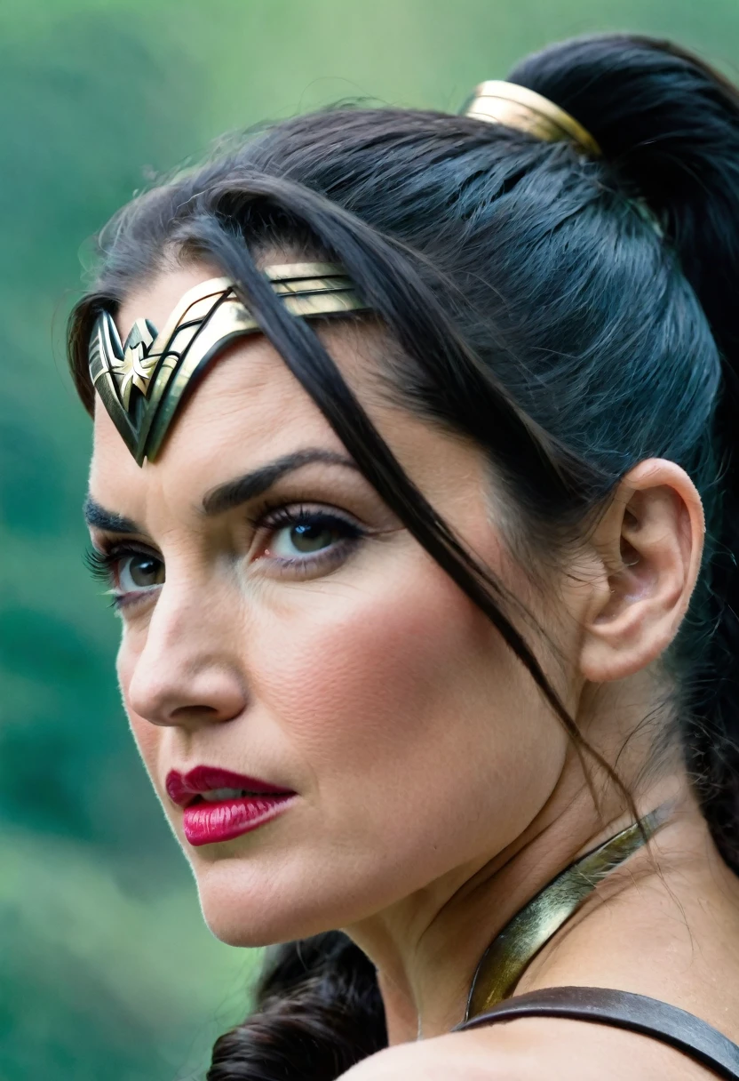 (((Extreme close-up of a beautiful mature woman Alexandra DaDario long black hair (((Diameter))),(((Hair gathered in a ponytail and abundant )))under the mantle of the Amazon warrior Wonder Woman images Surreal cinematographic HD images Color Splash))),(((Diameter))),(((Diameter Wonder Woman)),(((Front Images)))