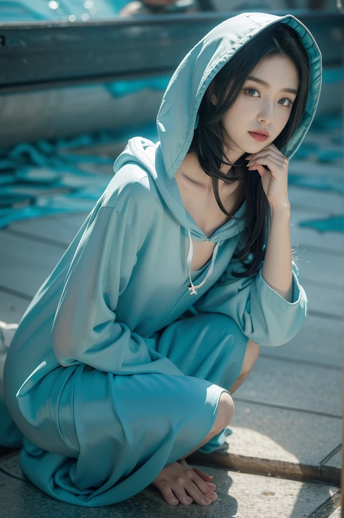 (((best quality))),(((ultra detailed))),(((masterpiece))),illustration,(1 beautiful girl,shark girl,solo),((slim,thin,small breasts,flat chest)),aquarium,summer night,(sleek sharkhead-hooded shirt-dress:1.3),shimmering hues,enchanting aura,(shoulder length straight bob hair:1.2),ocean-blue locks,shiny seaweed,porcelain skin,neon lights,emerald eyes,sharp gaze,delicate shark fin,translucent membrane,dancing fish,vibrant colors,undulating water,salty scent,distant waves,coral reef,gentle shadows,serene ambiance,electric atmosphere,Alezandra,oceanic magic,allure,enchantment,vision,extraordinary presence