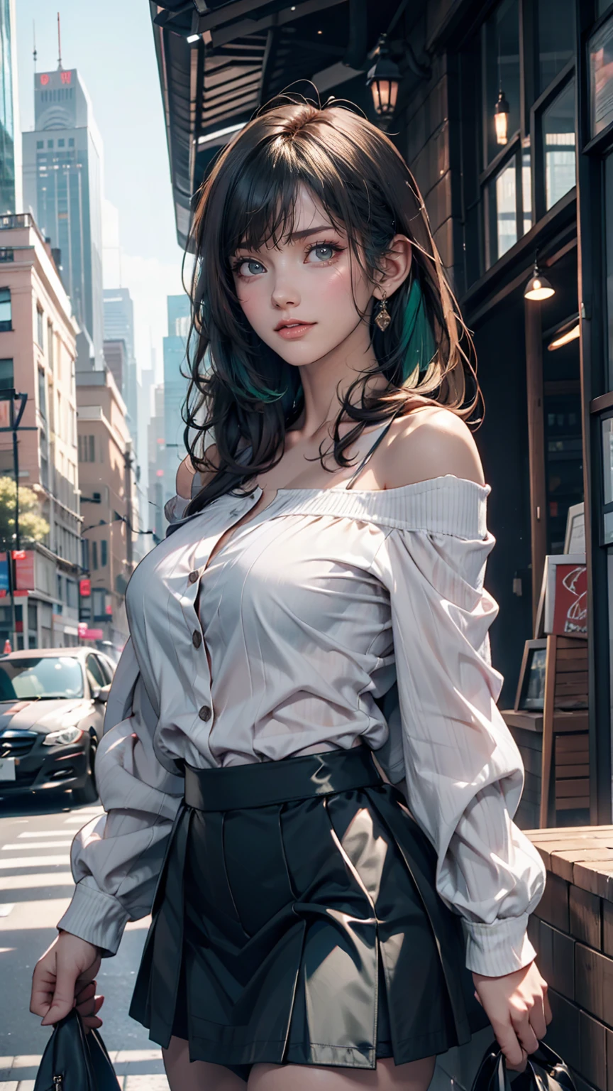 One girl, black_skirt, green_hair, building, city, cityscape, hair_between_eye, Jacket, Looking_in_Audience, Moderate_hair, Multicolor_hair, multiple_boy, night, off_shoulder, Outdoor, pleined_skirt, road, shirt, skirt, Skyscraper, smile, 一人in_concentrated, street, white_shirt、Sexy proportions、slender、Narrow waist、tall、Slender、Sexy