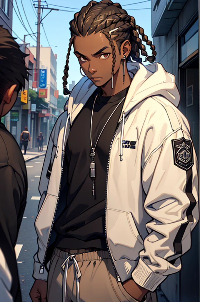 Young teen darkskin male with brown hair in cornrows, brown eyes wearing a black shirt with a silver chain, an unzipped white hoodie with blue stripes, diamond ear pierecings, grey sweatpants, neutral expression