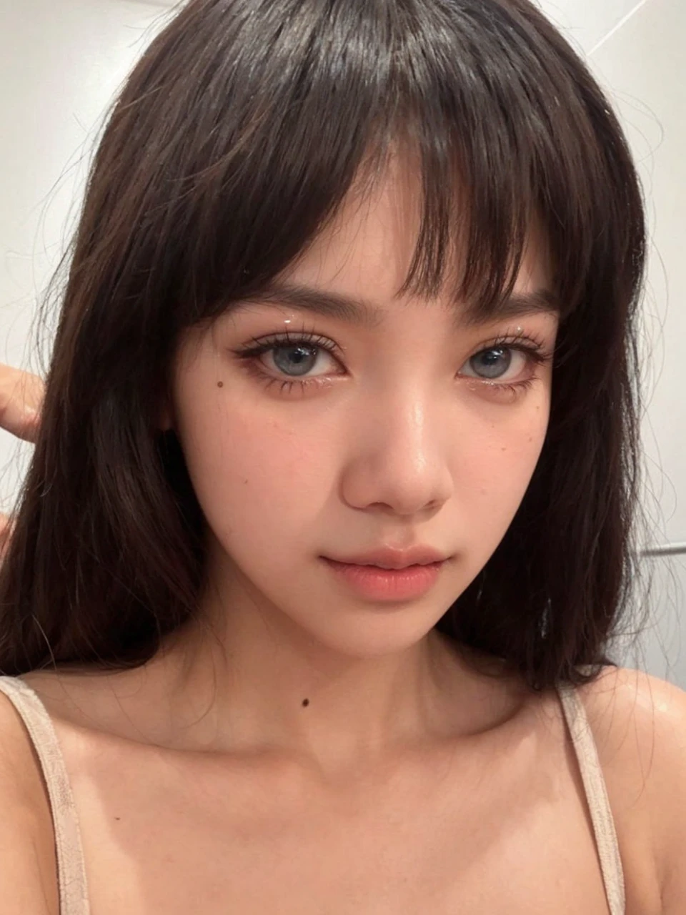 A photo of Lisa from Black pink LALISA with a smooth, clear face with soft details and smooth skin, Big, drawn lips and beautiful eyes