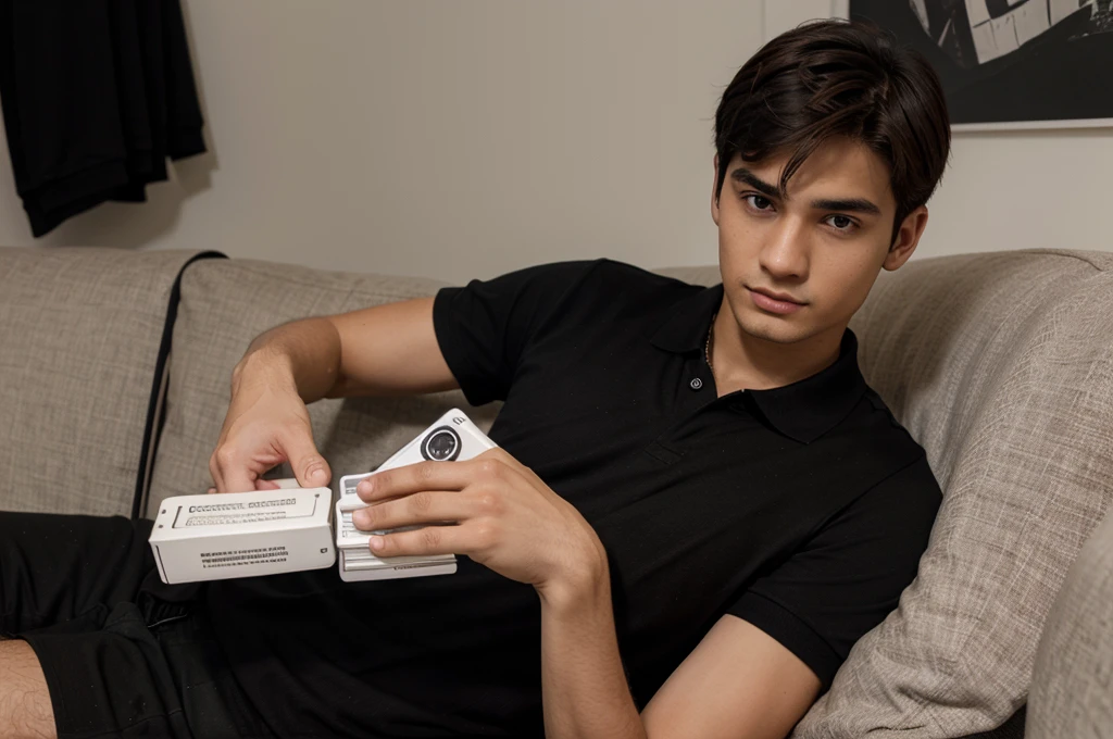 A 18 year man wearing black polo t-shirt with id-card in nect