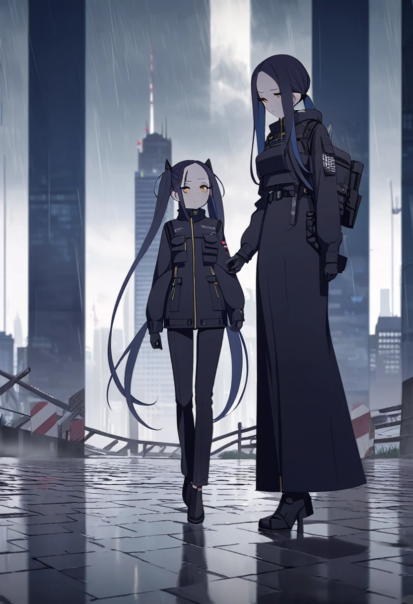 (One person,Very tall woman,Dark navy blue hair,Her hairstyle is twin tails that expose her forehead.,Medium chest,yellow eyes)Black Techwear,Thimble gloves,Walking in the rainy city