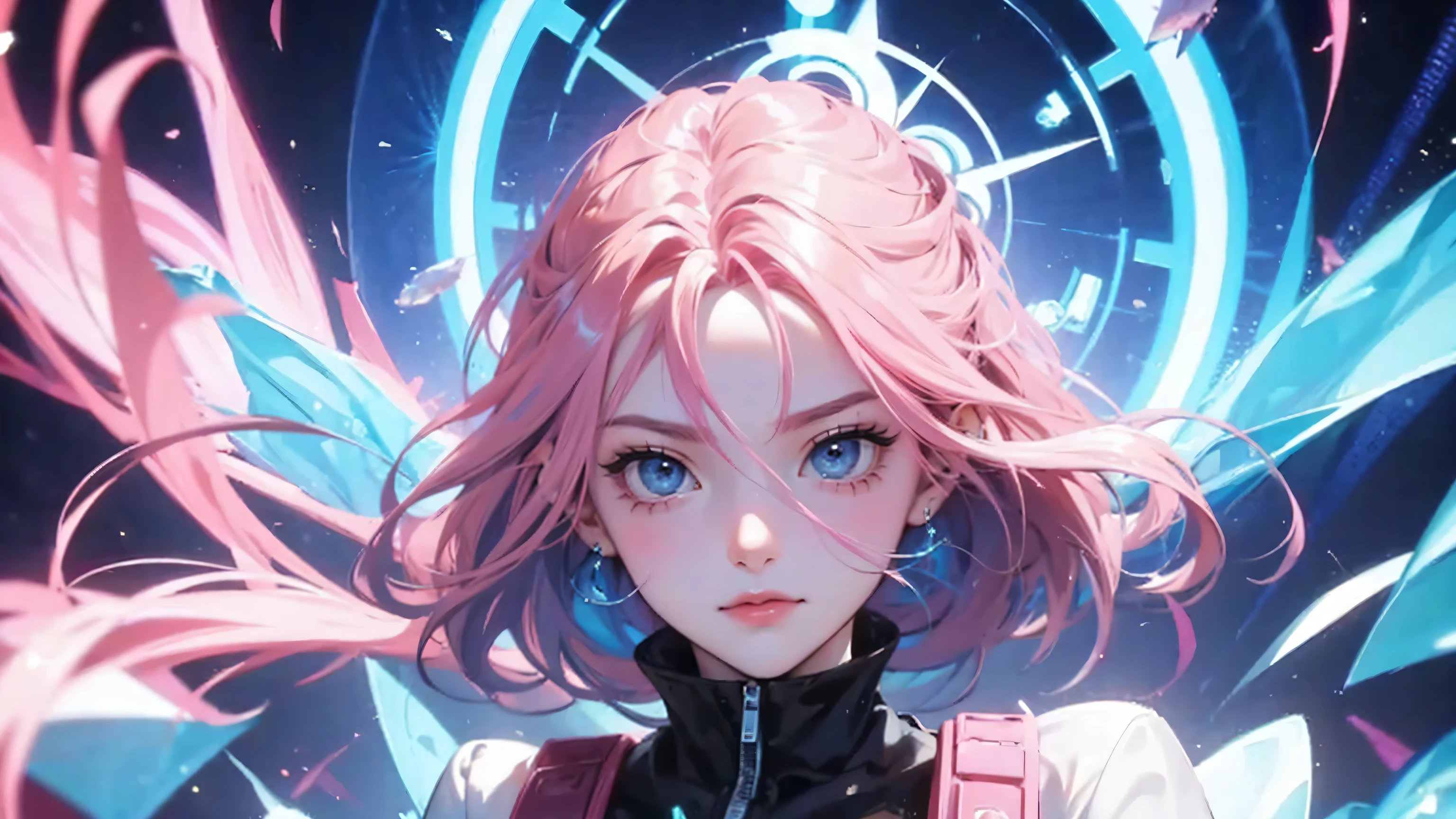 pink hair, Woman, algebraic symbols, technology around, fly away, embarrassed face, blue eyes