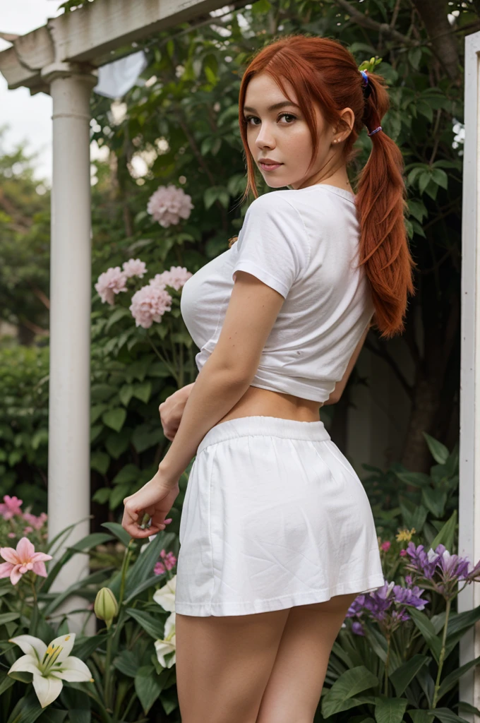 1 girl with red hair in a pigtail, facing the front of the screen, hair with many flowers, white skin, big breasts, big butt, purple short skirt and t-shirt, with angel wings, background Lily garden, standing and posing