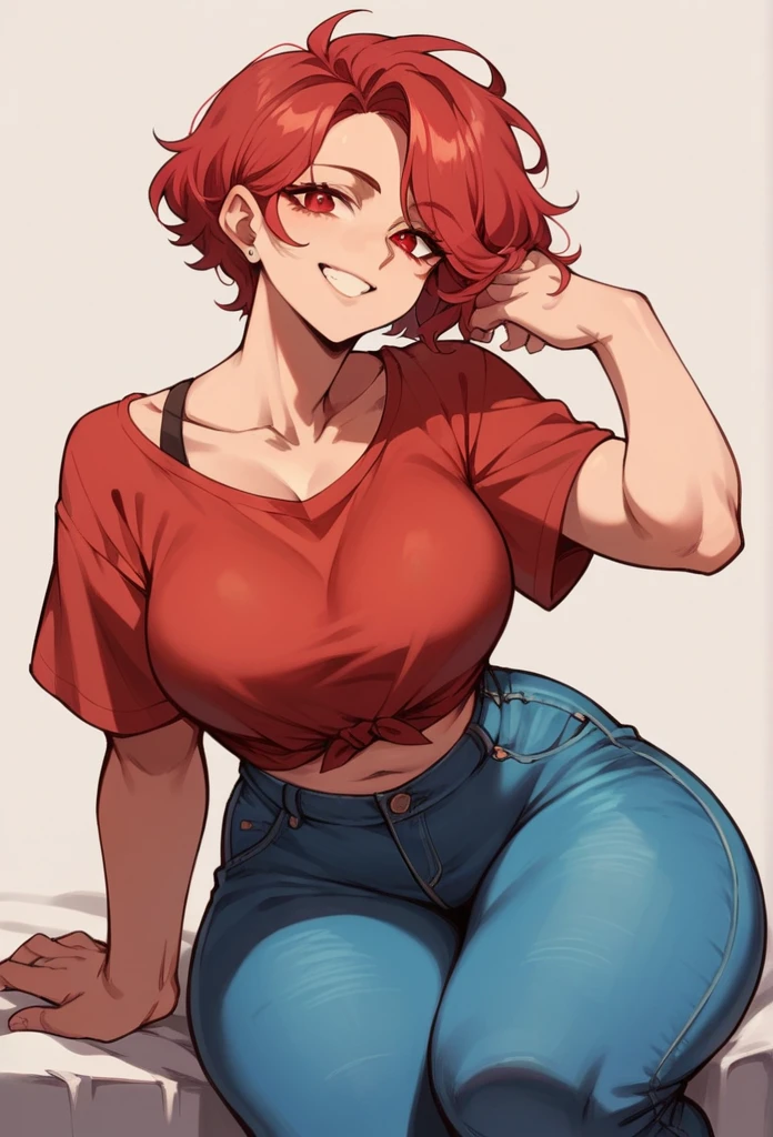 red hair, red eyes, smiling, red Vneck shirt, exposed belly, blue jeans, large chest, thick thighs, thick body