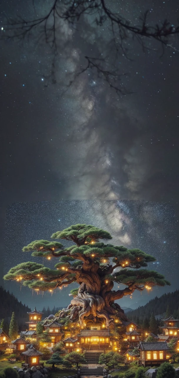 ancient and large mythical bonsai tree, with a mini-village surrounding it with yellow lights, starry night sky, foto realista 4k