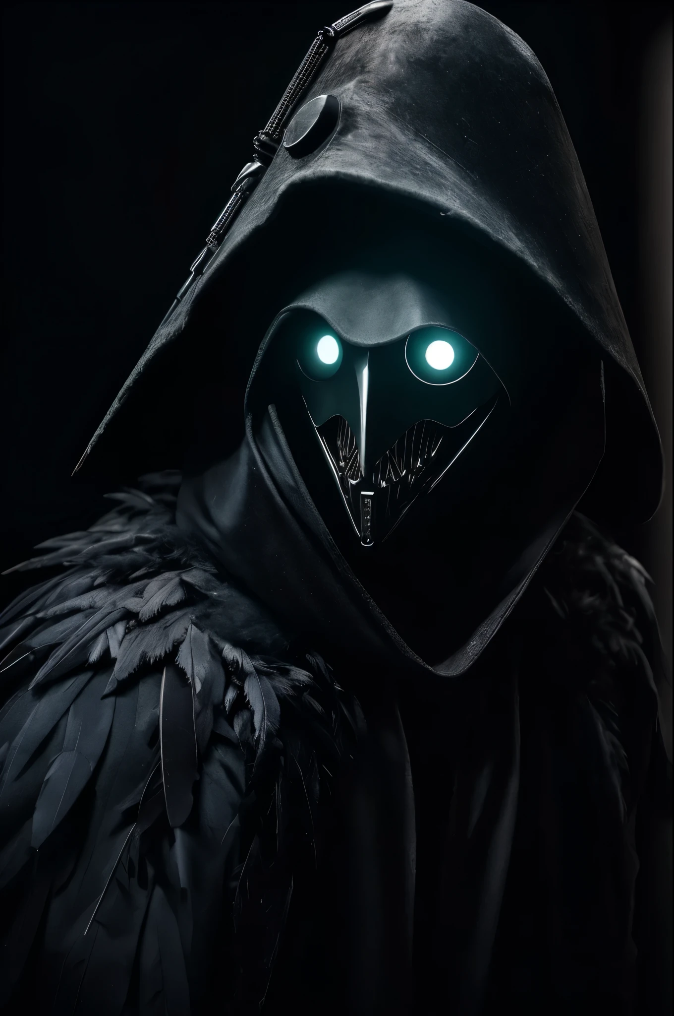 A cyborg plague doctor, raven-themed design, devilcore art style, best quality, 4k, 8k, highres, masterpiece, ultra-detailed, realistic, photorealistic, photo-realistic, HDR, UHD, studio lighting, ultra-fine painting, sharp focus, physically-based rendering, extreme detail description, professional, vivid colors, bokeh, dark moody lighting, gothic horror, dark fantasy, intricate details, mechanical parts, feathers, glowing eyes, ominous atmosphere, dramatic lighting, black and red color palette