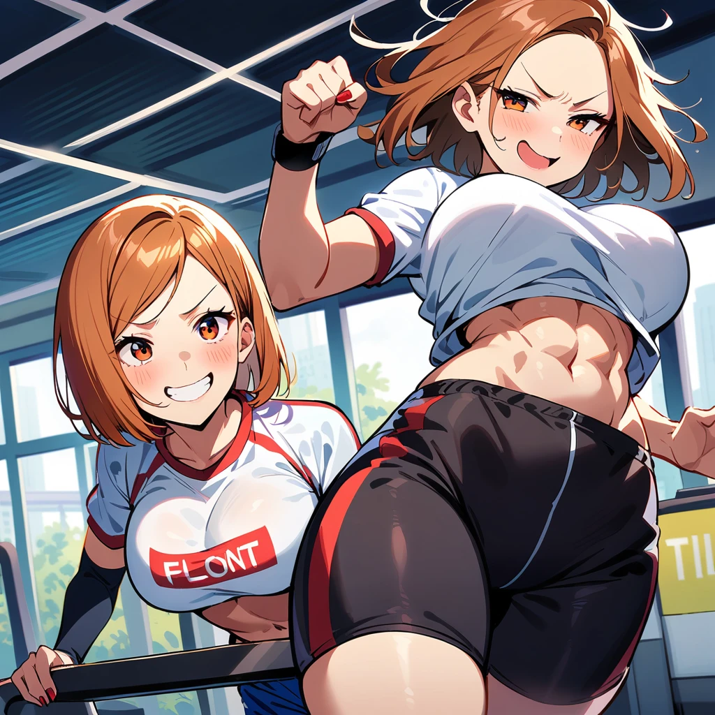 nobara kugisaki,sport clothing,gym, leggings, large ass,large breasts ,ftont look, mocking smile,seductive face,red nails ,messy hair, pleasure face,smiling, detailed face, detailed eyes,looking at teathre performance ,running on treadmill ,shorts,topic,abs