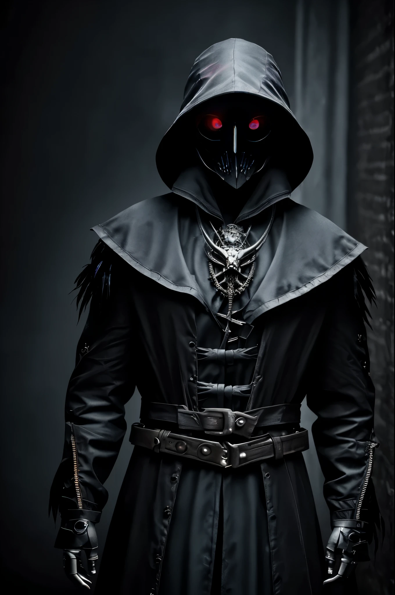 A cyborg plague doctor, raven-themed design, devilcore art style, best quality, 4k, 8k, highres, masterpiece, ultra-detailed, realistic, photorealistic, photo-realistic, HDR, UHD, studio lighting, ultra-fine painting, sharp focus, physically-based rendering, extreme detail description, professional, vivid colors, bokeh, dark moody lighting, gothic horror, dark fantasy, intricate details, mechanical parts, feathers, glowing eyes, ominous atmosphere, dramatic lighting, black and red color palette