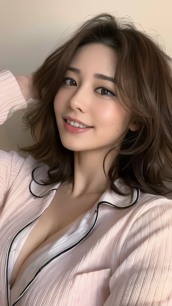 (Highest quality, 8K, 32k, masterpiece, Ultra-high resolution:1.5), Attractive Japanese women photos, 1 Girl, (Huge boobs:1.2), (Short Wavy Hair), Abdominal muscles, Perfect body, Ultra detailed face, Detailed lips, Beautiful Eyes, double eyelid, pajamas, On the bed, (Fascinating), ((Excited:1.5))