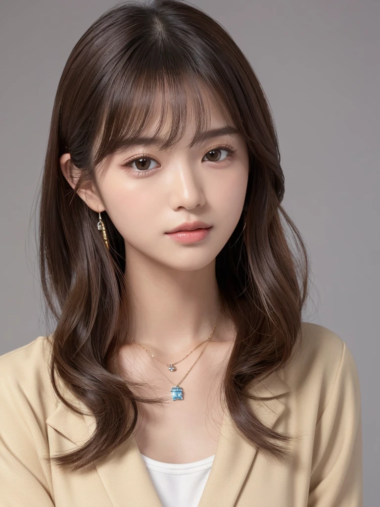 ((Highest quality, 8K, masterpiece:1.3)), concentrate: 1.2, Perfect body beauty: 1.4, Hips: 1.2, ((Long Hair, chest: 1.2)), (Dry clothes: 1.1) , (clear, Simple Background:1.3), Simple clothes: 1.1, Highly detailed face and skin texture,Delicate eyes, double eyelid, Whitened skin, Rough skin、Long Hair、Earrings with bangs、necklace、 solo、Beige coat、White shirt, (((Beautiful girl with cute Japan)))、 ((Beautiful Japanese girl 20 years old))、 ((Baby Face))、 (((Slender body)))、 Upper Body,Face focus、necklace,Simple Background,From above, Realistic Hair、 A photograph was taken:Canon EOS R6、135mm、1/1250 seconds、f2.8、ISO400、(Detailed explanation of the hand)、(Masseter muscle area)、(Exquisite CG)、Long Hair, loose and curly hair、Korean Hair、Long Hair明るいベージュ色、グラデーションハイライトグレージュのゆるふわLong Hairスタイル、