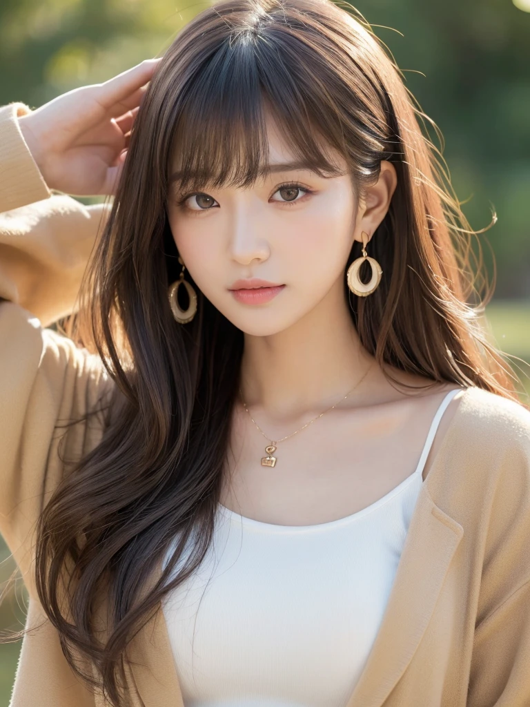 ((Highest quality, 8K, masterpiece:1.3)), concentrate: 1.2, Perfect body beauty: 1.4, Hips: 1.2, ((Long Hair, chest: 1.2)), (Dry clothes: 1.1) , (clear, Simple Background:1.3), Simple clothes: 1.1, Highly detailed face and skin texture,Delicate eyes, double eyelid, Whitened skin, Rough skin、Long Hair、Earrings with bangs、necklace、 solo、Beige coat、White shirt, (((Beautiful girl with cute Japan)))、 ((Beautiful Japanese girl 20 years old))、 ((Baby Face))、 (((Slender body)))、 Upper Body,Face focus、necklace,Simple Background,From above, Realistic Hair、 A photograph was taken:Canon EOS R6、135mm、1/1250 seconds、f2.8、ISO400、(Detailed explanation of the hand)、(Masseter muscle area)、(Exquisite CG)、Long Hair, loose and curly hair、Korean Hair、Long Hair明るいベージュ色、グラデーションハイライトグレージュのゆるふわLong Hairスタイル、