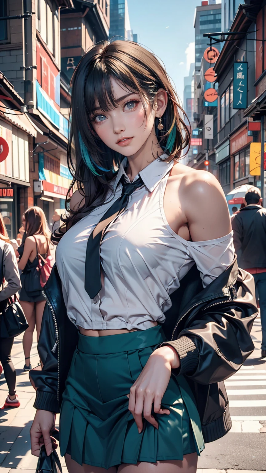 One girl, black_skirt, green_hair, building, city, cityscape, hair_between_eye, Jacket, Looking_in_Audience, Moderate_hair, Multicolor_hair, multiple_boy, night, off_shoulder, Outdoor, pleined_skirt, road, shirt, skirt, Skyscraper, smile, 一人in_concentrated, street, white_shirt、Sexy proportions、slender、Narrow waist、tall、Slender、Sexy