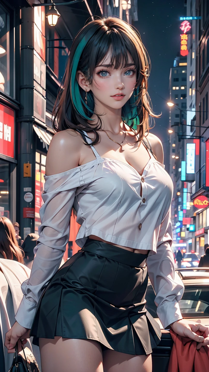 One girl, black_skirt, green_hair, building, city, cityscape, hair_between_eye, Jacket, Looking_in_Audience, Moderate_hair, Multicolor_hair, multiple_boy, night, off_shoulder, Outdoor, pleined_skirt, road, shirt, skirt, Skyscraper, smile, 一人in_concentrated, street, white_shirt、Sexy proportions、slender、Narrow waist、tall、Slender、Sexy