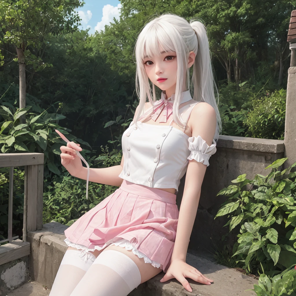 (best quality), masterpiece, Extremely detailed CG8K painting, high color, Extremely high color saturation, All colors are deepened, central composition, Extremely detailed light and shadow, The face and eyes are very detailed, medium length hair, sportswear, colorful clouds，beautiful nature，landscape，short black hair，white spaghetti strap dress，black hair，short hair，Punk style clothing，white hair，White spaghetti strap vest，Pink skirt，white stockings，white pantyhose，Medium breasts，petite，loli，cute，Double tail