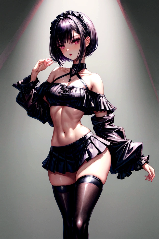 masterpiece, best quality, distinct image, 1 girl, 16 year old teenager, off shoulder sport-like crop top, frilly A-line pleated mini skirt, long thigh-high tights worn underneath, solo. sharp facial features, oval shaped face, cherry pink lip, lightly tanned white skin, velvet-colored eyes, medium height(175cm), slim yet toned body-type, dark black-violet hair, short pixie cut hairstyle, slender legs, moderate curvy hips stretching the dress, full body image, gothic style environment