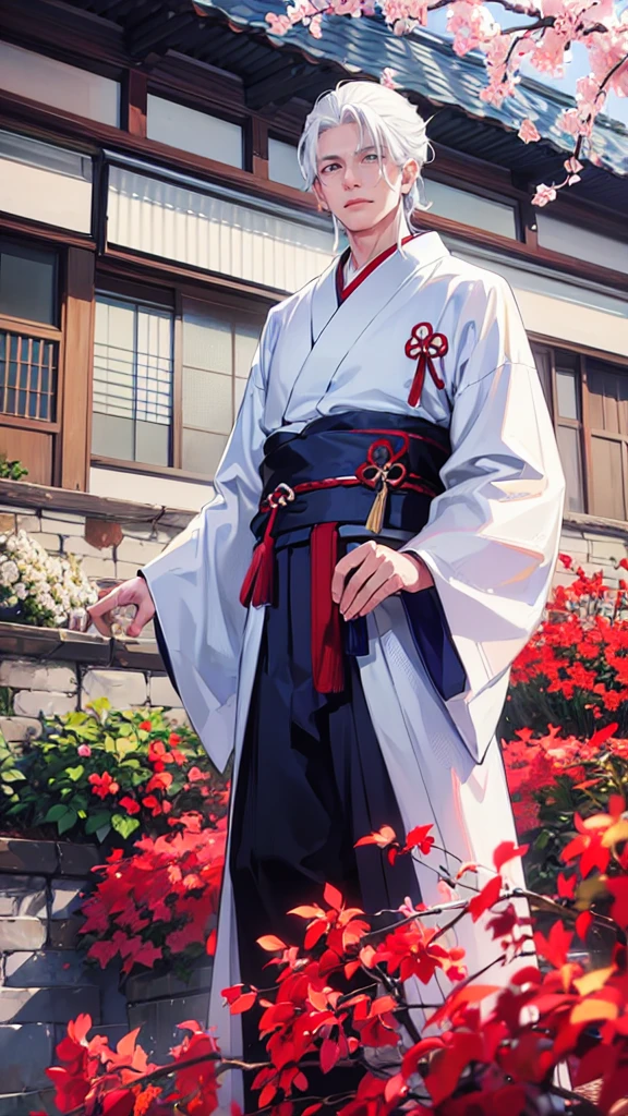 A HANDSOME, MANY, WHITE HAIRED MAN, WITH BLUE EYES, WEARING A RED KIMONO, NAMED "GOJO SATORU" IN A REALISTIC 4K-HDR VIEW, IS STANDING IN THE MIDDLE OF A BEAUTIFUL CITY, WITH A SPRING FEEL.