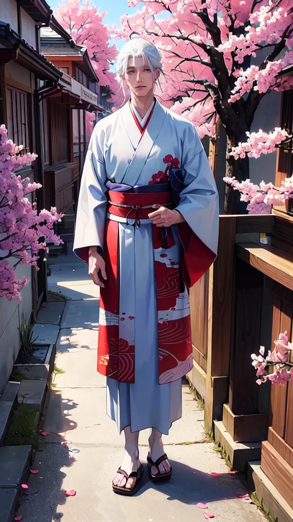 A HANDSOME, MANY, WHITE HAIRED MAN, WITH BLUE EYES, WEARING A RED KIMONO, NAMED "GOJO SATORU" IN A REALISTIC 4K-HDR VIEW, IS STANDING IN THE MIDDLE OF A BEAUTIFUL CITY, WITH A SPRING FEEL.