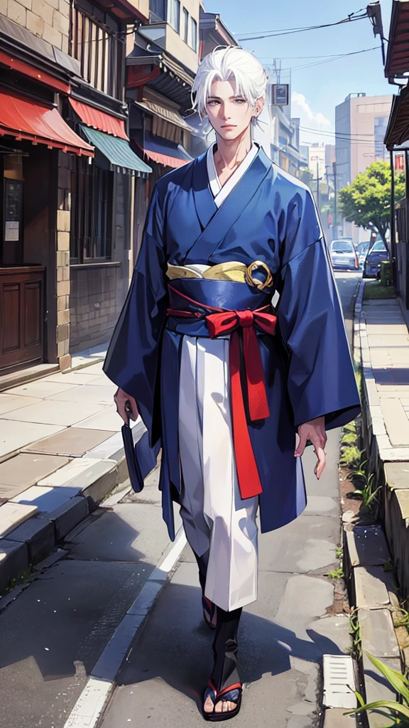 A HANDSOME, MANY, WHITE HAIRED MAN, WITH BLUE EYES, WEARING A RED KIMONO, NAMED "GOJO SATORU" IN A REALISTIC 4K-HDR VIEW, IS STANDING IN THE MIDDLE OF A BEAUTIFUL CITY, WITH A SPRING FEEL.