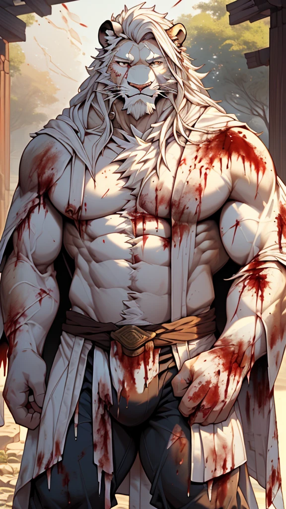 (masterpiece),(highres),(intricate details:1.4),extremely detailed,(illustration:1.2),8k,photorealistic,exquisite,,aged,elder male lion ,muscular,(warrior:1.7),(Ancient Greek mythological style;1.8),(loose white robe:1.6),manhood,safeguard,(white hair:1.3),long hair,long white beard,scar,(badly damaged:1.7),(bloody chest:1.9),(bulging crotch:1.8),(homosexual),(naked upper body:1.7),(a serene face:1.9)