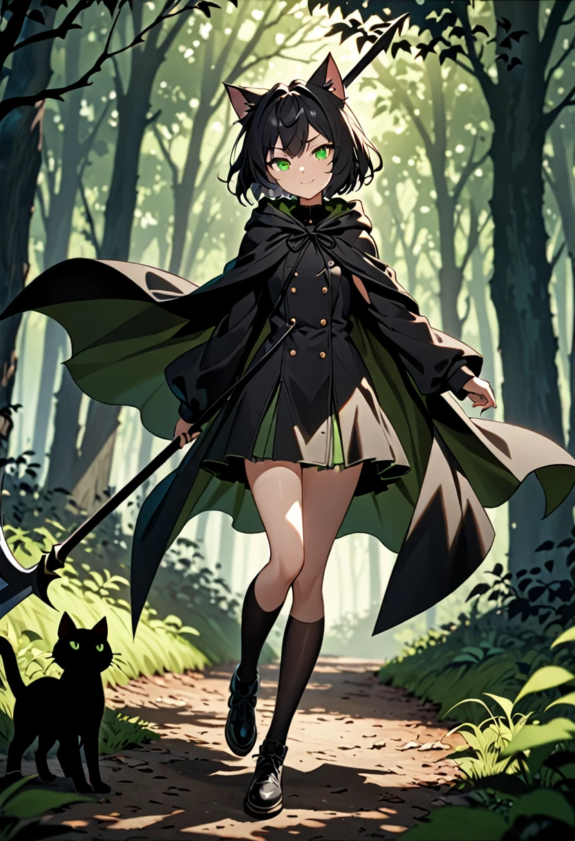 8K Ultra High-Quality, ultra-detailed, High quality, Black hair, short hair, cat girl, green eyes, smug face, flat chest, black hooded coat, Large black Scythe, shadow figure, cape flying in the wind, dark forest background, full body