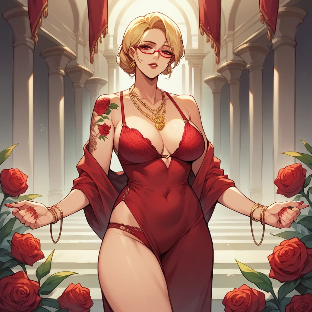 blonde hair woman, milf, red bra, red panties, several golden stones necklaces, long necklaces, red glasses, roses tattoos covering the entire body, thin chin, red dress