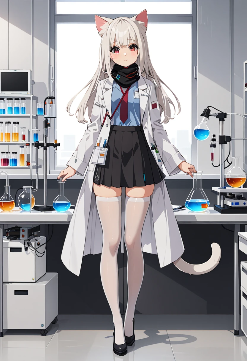 masterpiece, highest quality, highest resolution, clear_image, detailed details, White hair, long hair, cat ears, 1 girl, red eyes, white lab coat (with a black short skirt), white pantyhose, white scarf (around the neck), cute, full body, no water marks, laboratory, no extra limps, no extra body, see through clothing, one cat tail