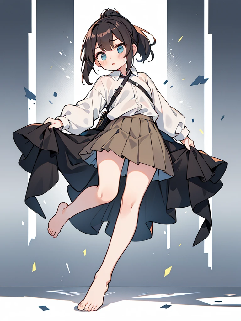Correct human body structure,perfect,Black ponytail,((young cute girl)),Full body pictures,alarmed,blush,White long-sleeved shirt,Khaki Grille Skirt,bare legs bare feet
