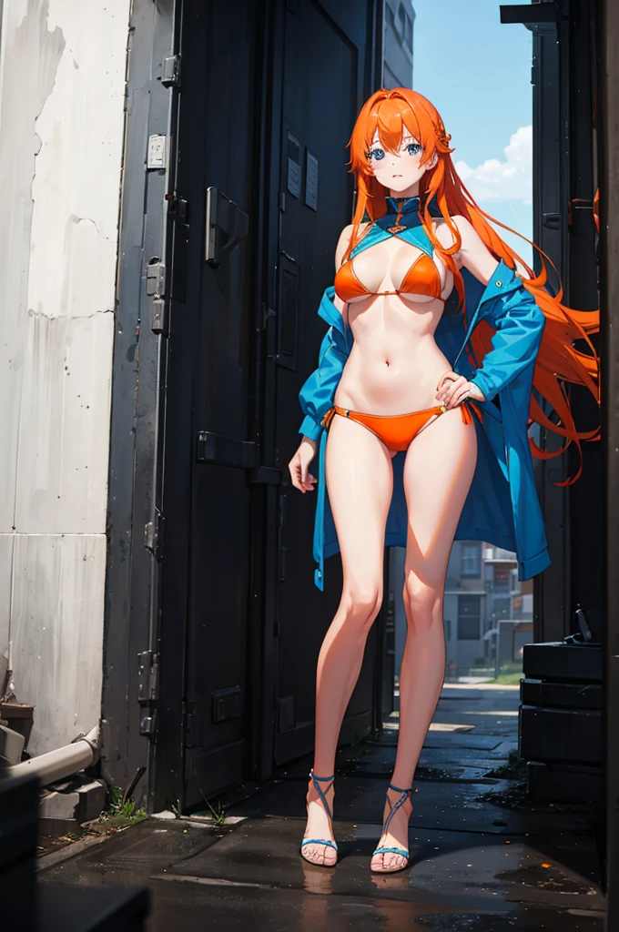 1woman, long orange hair, blue eyes, bikini, standing on ground, high res, ultra sharp, 8K, masterpiece