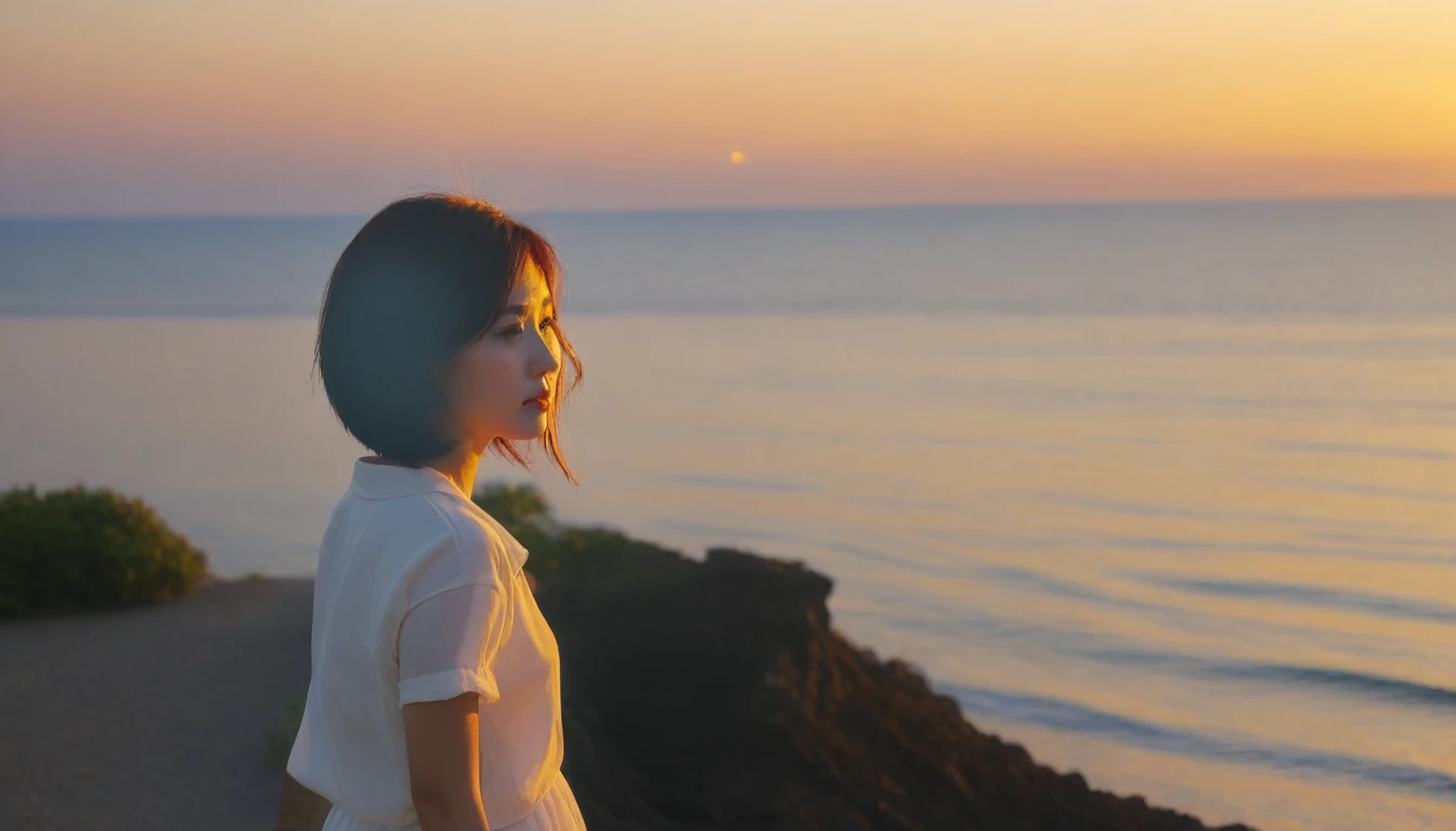 K Realistic, living photos, Realistic appearance of nature, , Side view looking at the sea at sunset. Close-up beautiful woman look , Side view of an Asian woman wearing a light skirt, burning sunset light, short medium hair, 1 woman