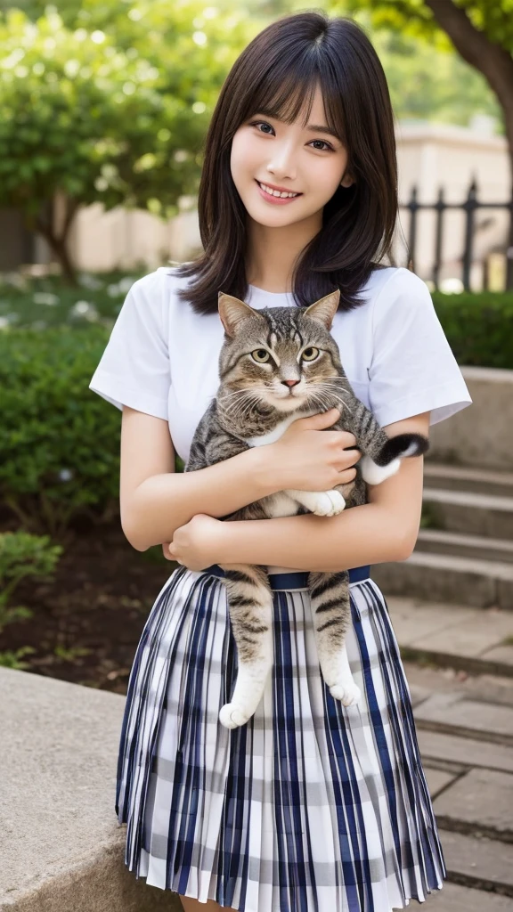 (Highest quality: 1.5), (Realistic: 1.5), (1 person: 1.5), Very detailed, High resolution, 8K,Natural color lips, Cute Smile, Japanese women, 20-year-old girl, Beautiful and elegant features, Perfect and beautiful face, Balanced big eyes, Beautiful and elegant features, Natural double eyelids, Natural Bangs, Beautiful thin nose, Beautiful Skin, Medium Bob Hair , Natural Bangs , Perfect and beautiful face, Slim face and figure, (Looking at the camera with a sweet smile), Bright lighting, Professional Lighting, Forward lighting, Beautiful feet: 1.2, Smooth Skin, Slender body, Slim waistline, slim thin thighs, Cleavage, Detailed clothing, (Short sleeve:1.5), (Pleated skirt:1.5), Checkered Pleated Micro Mini Skirt, Short sleeveドレスシャツ Ultra HD, Realistic,, Frolic with cats, Playing with cats,Holding a cat, Holding a cat,Pick up the cat, garden,squat