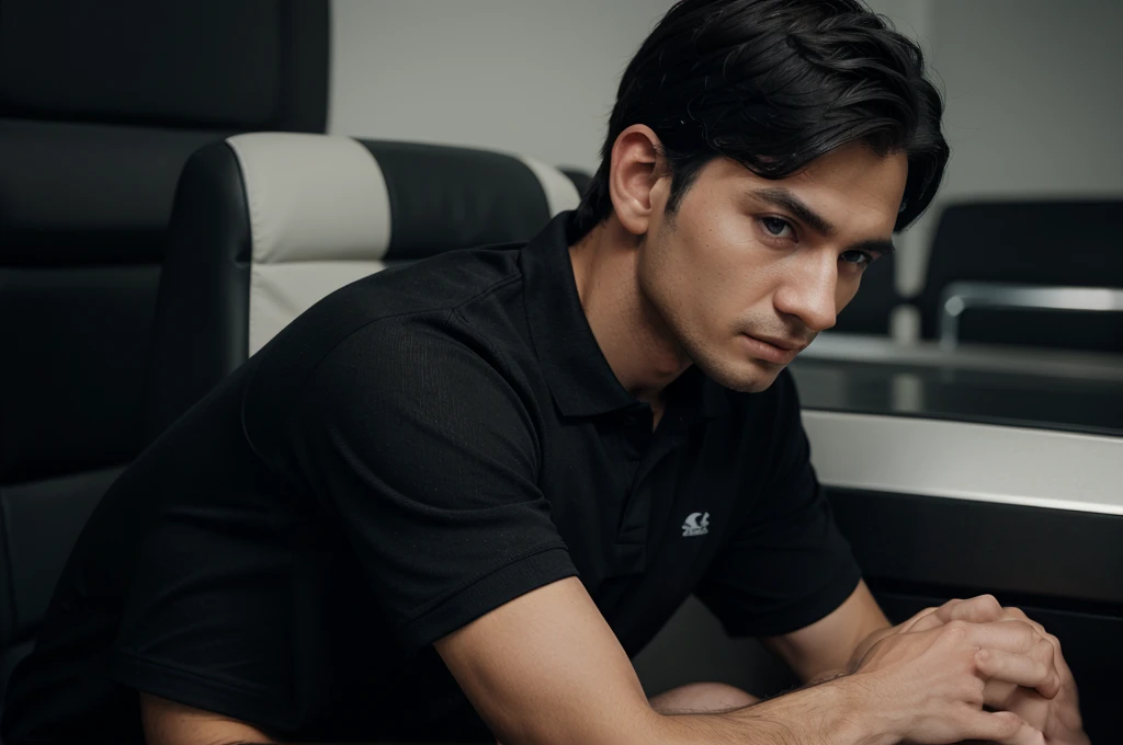 A man wearing black polo t-shirt and id-card , portrait, half photo, hd 8k